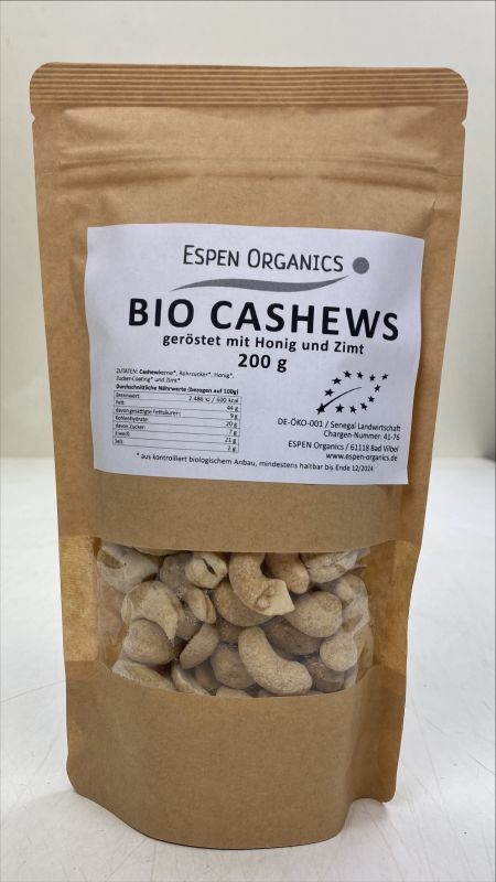 200g Organic Cashew Kernels - roasted with Honey & Cinnamon